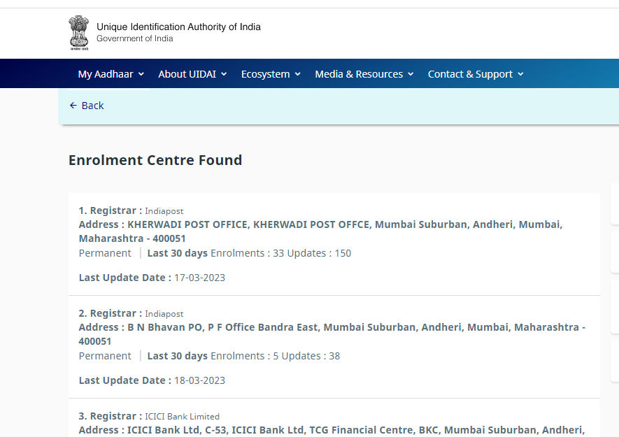 List of Aadhaar Enrolment Centres in Bangalore