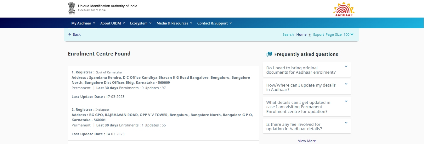 List of Aadhaar centres in Bangalore