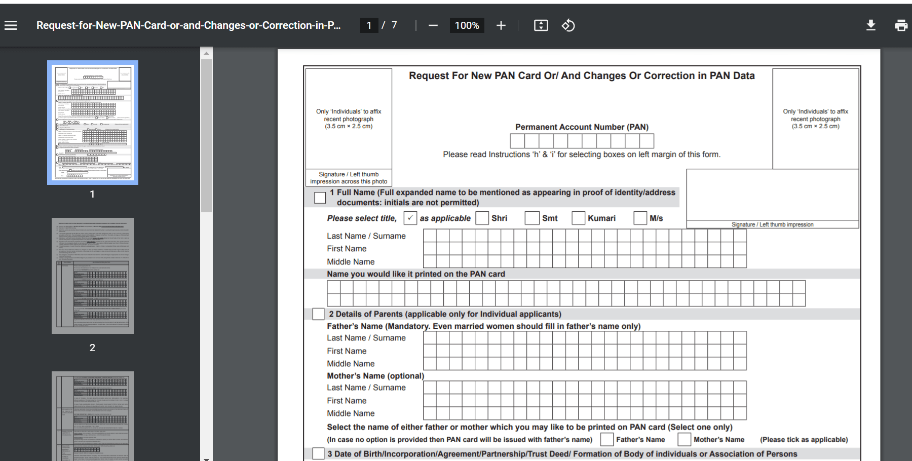 Pan card correction update name address and download form online