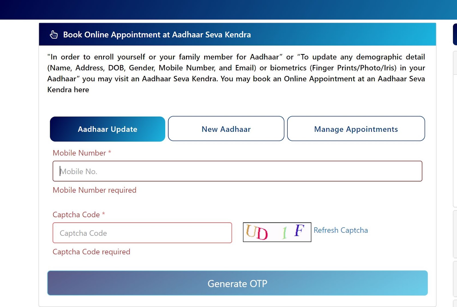 Select New Aadhaar and Generate OTP