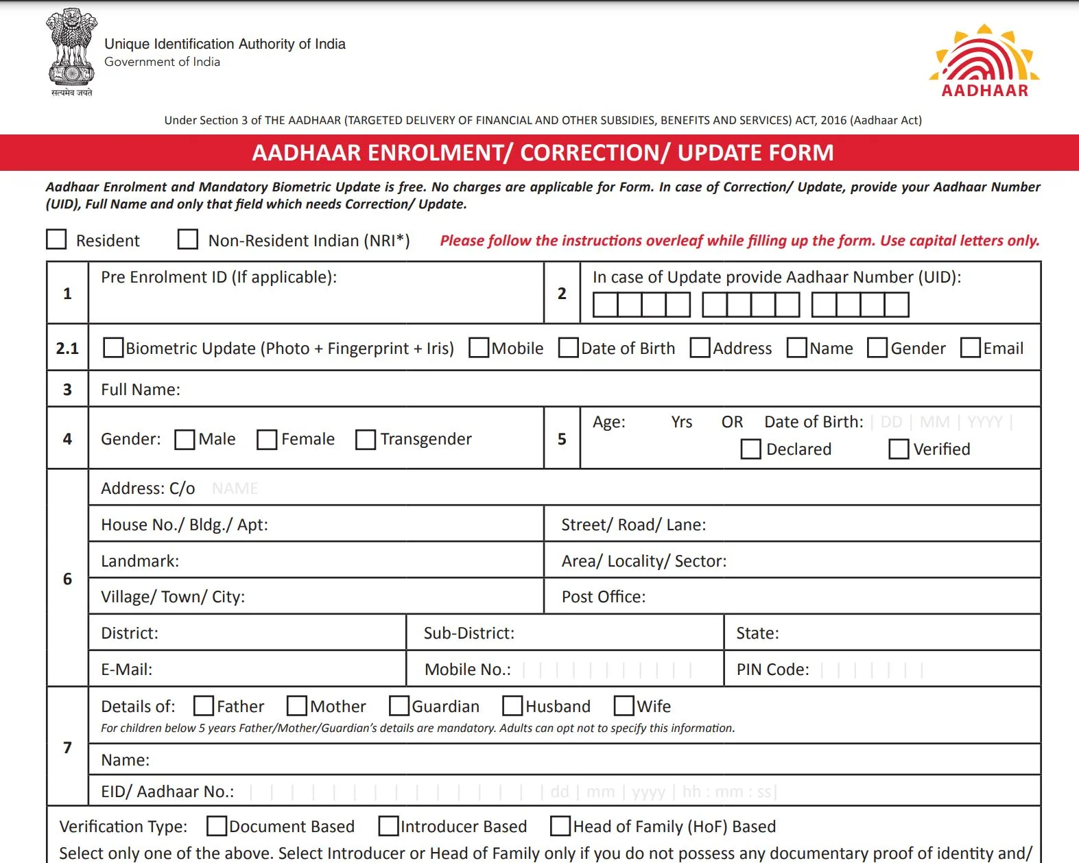 Aadhaar Correction Form