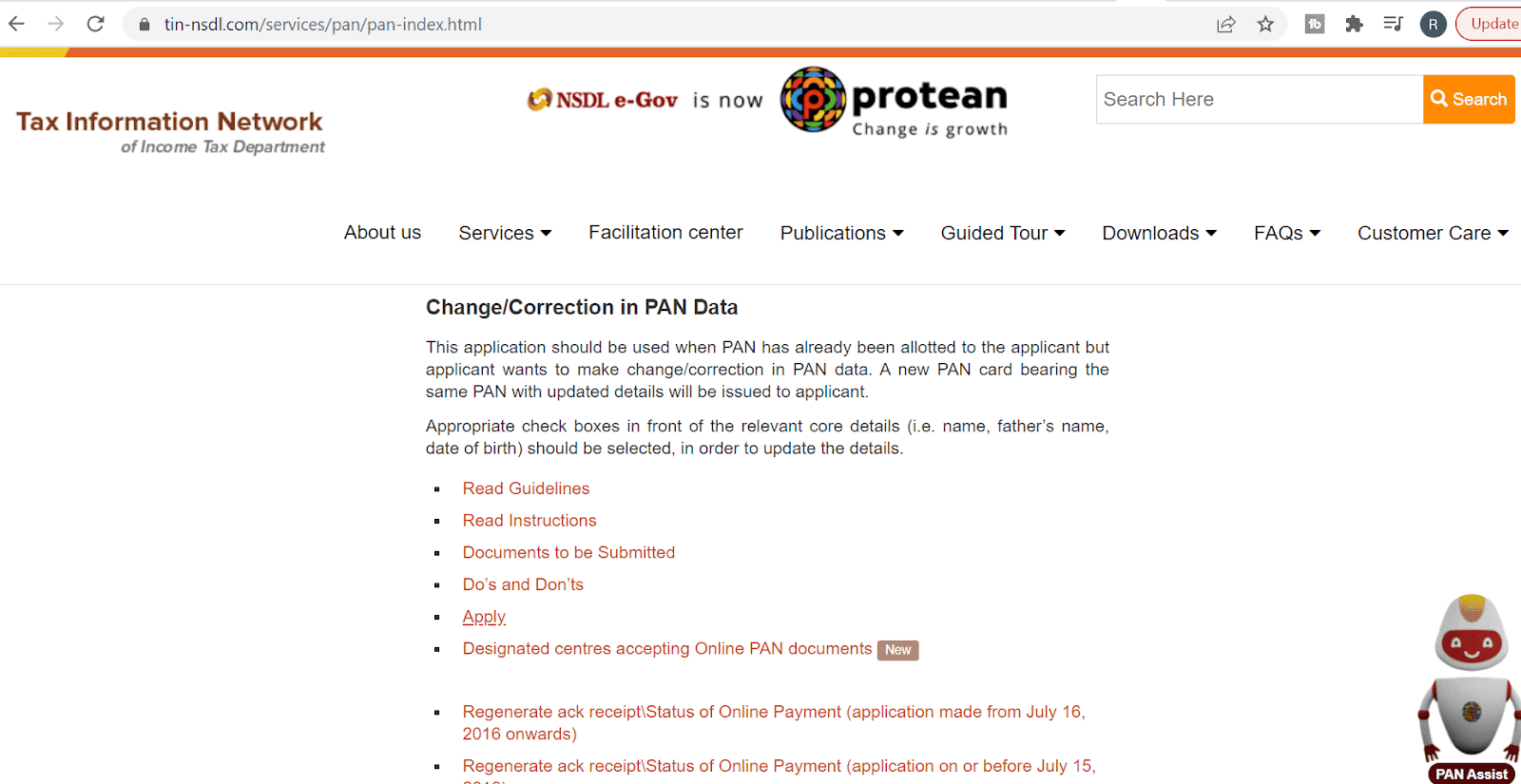 Navigate to the Change/Correction in PAN Data Section
