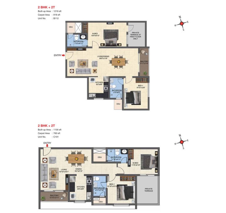 2 BHK 2T Floor Plan Type 8
