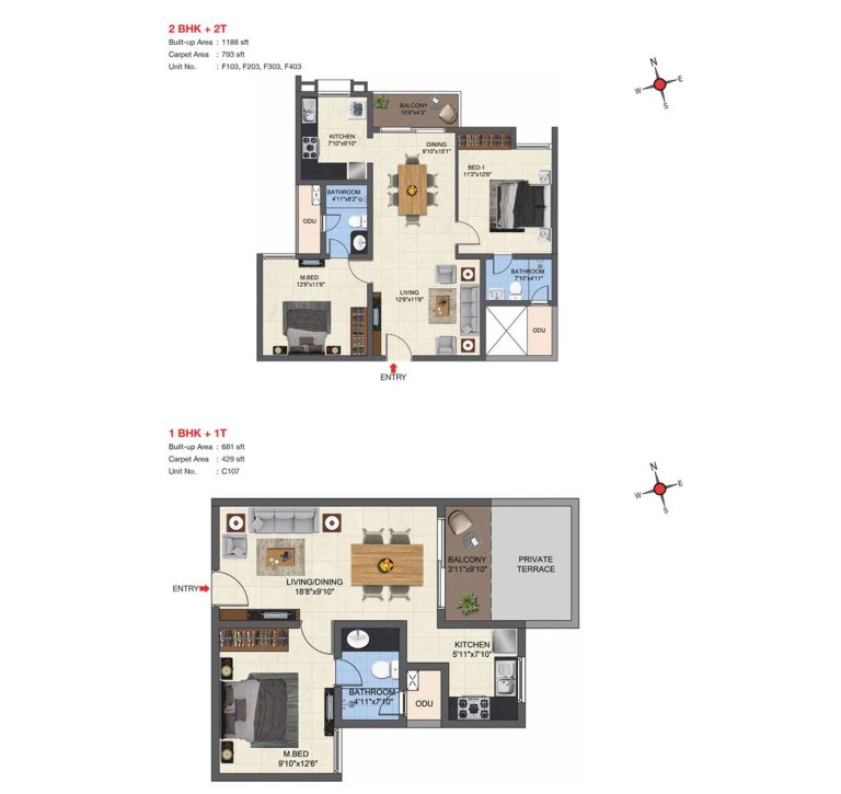 2 BHK 2T And 1 BHK 1T Floor Plan Type 17