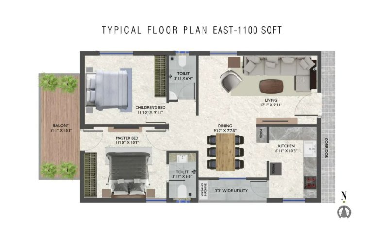 2 BHK Typical Floor Plan 1100 Sq Ft East