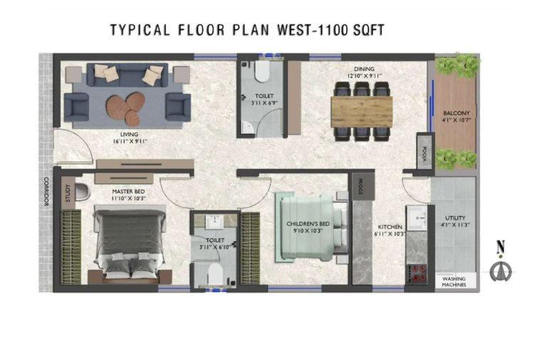2 BHK Typical Floor Plan 1100 Sq Ft West