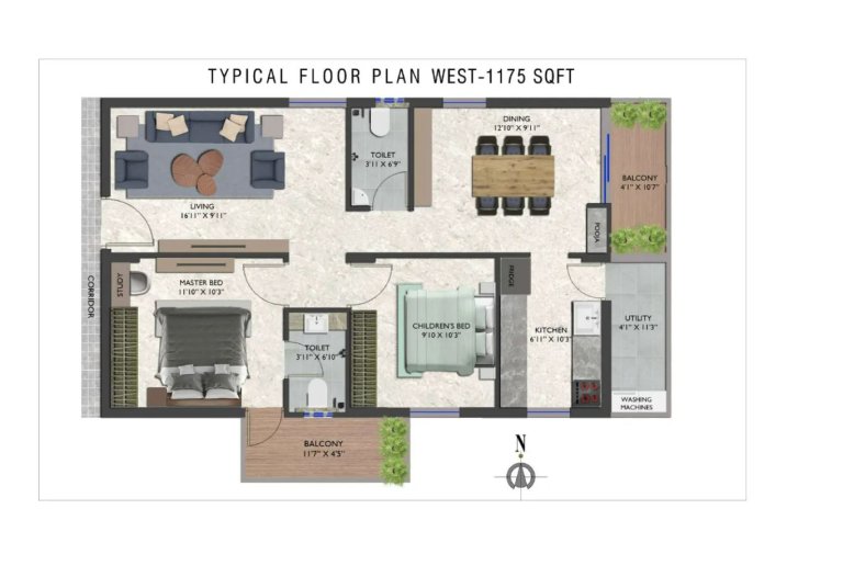 2 BHK Typical Floor Plan 1175 Sq Ft West
