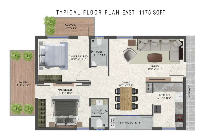 2 BHK Typical Floor Plan 1175 Sq Ft East
