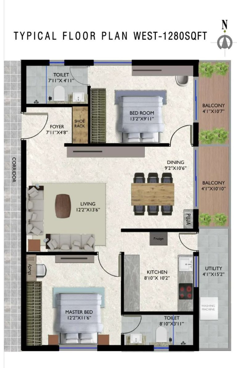 2 BHK Typical Floor Plan 1280 Sq Ft West