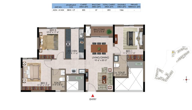 3 BHK 2T A 204 A 1404
