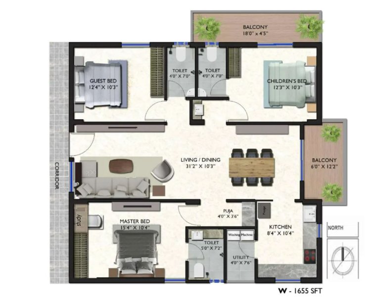 3 BHK Typical Floor Plan 1655 Sq Ft