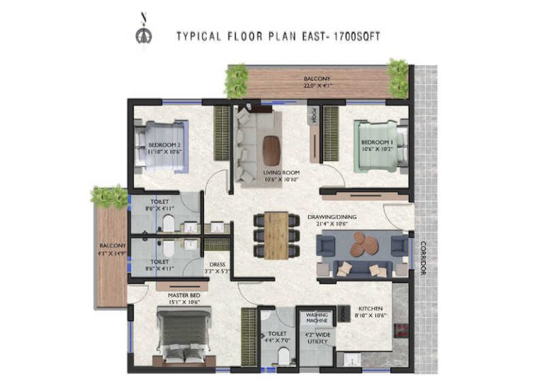 3 BHK Typical Floor Plan 1700 Sq Ft
